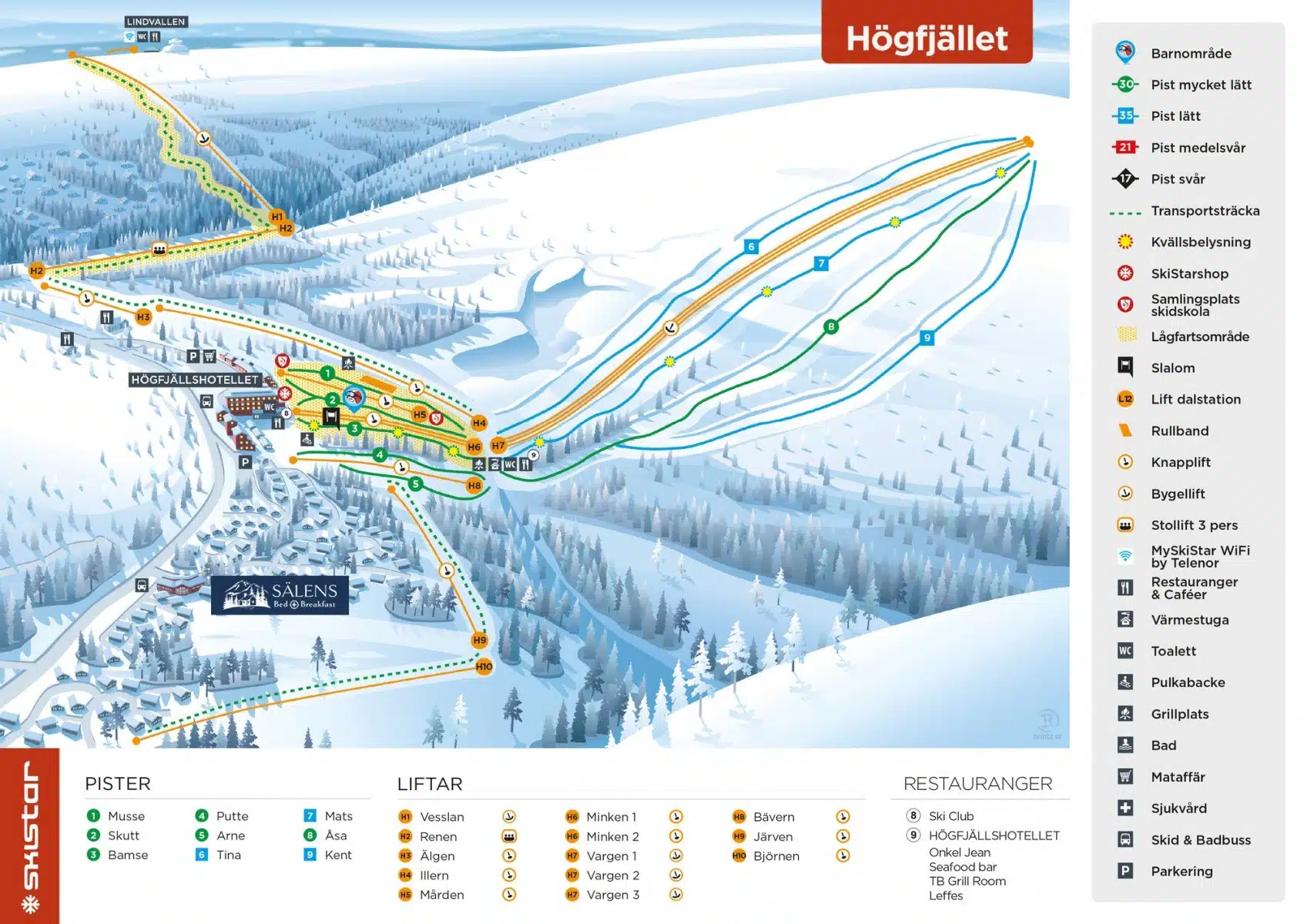 En karta över backar och liftar i Högfjället Sälen